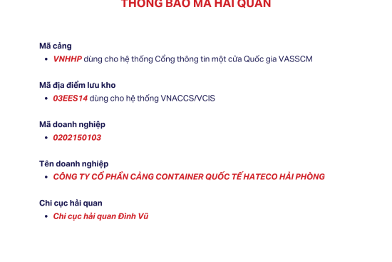 Thông báo Công bố mã hải quan Cảng Container quốc tế Hateco Hải Phòng