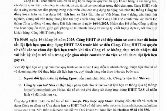 Thông báo V/v Vận hành chính thức hệ thống Cổng tự động và Ứng dụng đặt lịch hẹn xe TAS