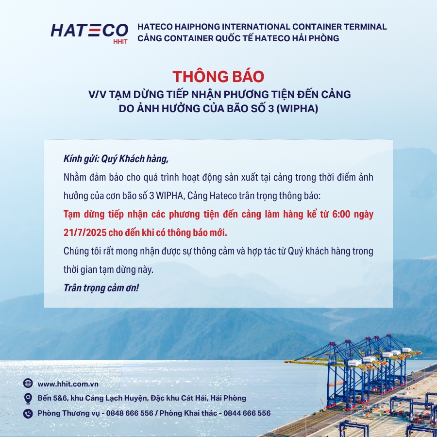 Thông Báo V/v Tạm dừng tiếp nhận phương tiện đến Cảng Hateco làm hàng