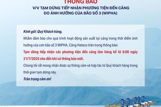 Thông Báo V/v Tạm dừng tiếp nhận phương tiện đến Cảng Hateco làm hàng
