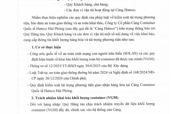 Thông báo V/v Khai báo VGM và Thông tin tải trọng