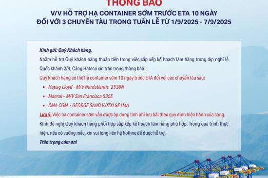 Thông báo v/v hỗ trợ hạ container sớm trước ETA 10 ngày đối với 3 chuyến tàu trong tuần lễ từ 1/9/2025 - 7/9/2025